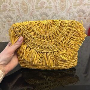 Mar Y Sol Mia Mini Fringe Purse Clutch Yellow Woven‎ Straw Anthropologie NWT